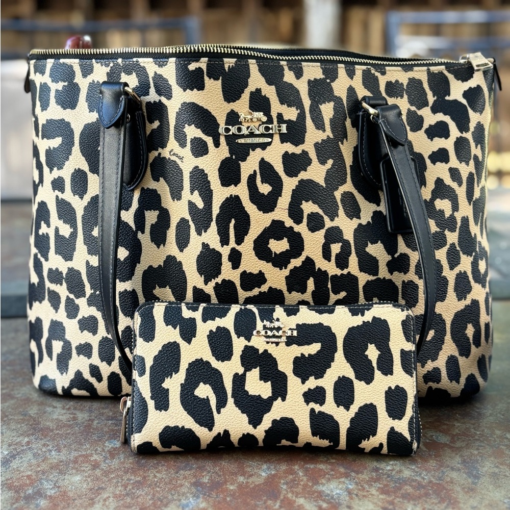 Coach Leopard Print Gallery Tote and Wallet Bundle